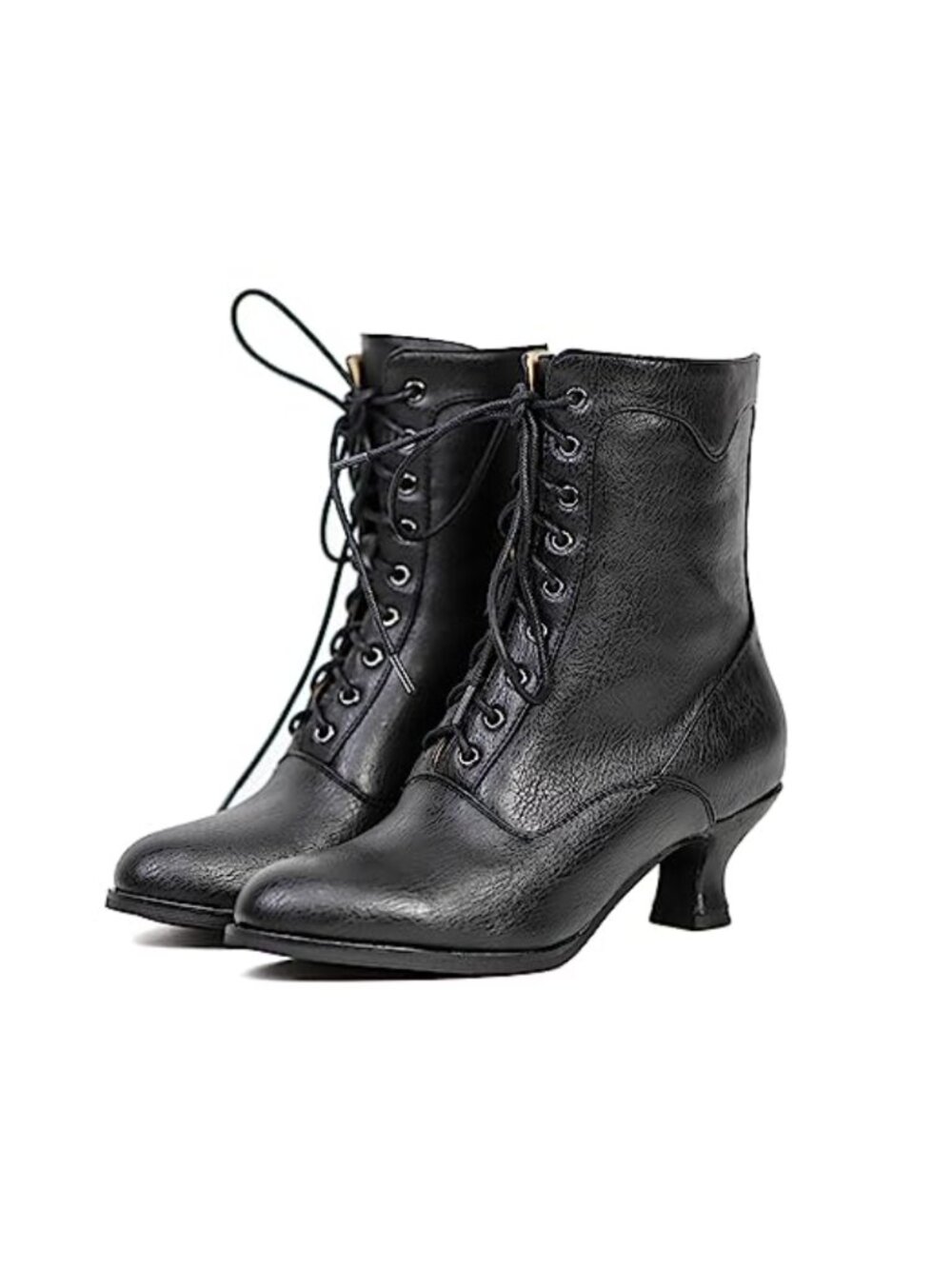 Lace Up Mid Calf Boots Round Toe Chunky Heel Rubber Sole Synthetic Lining